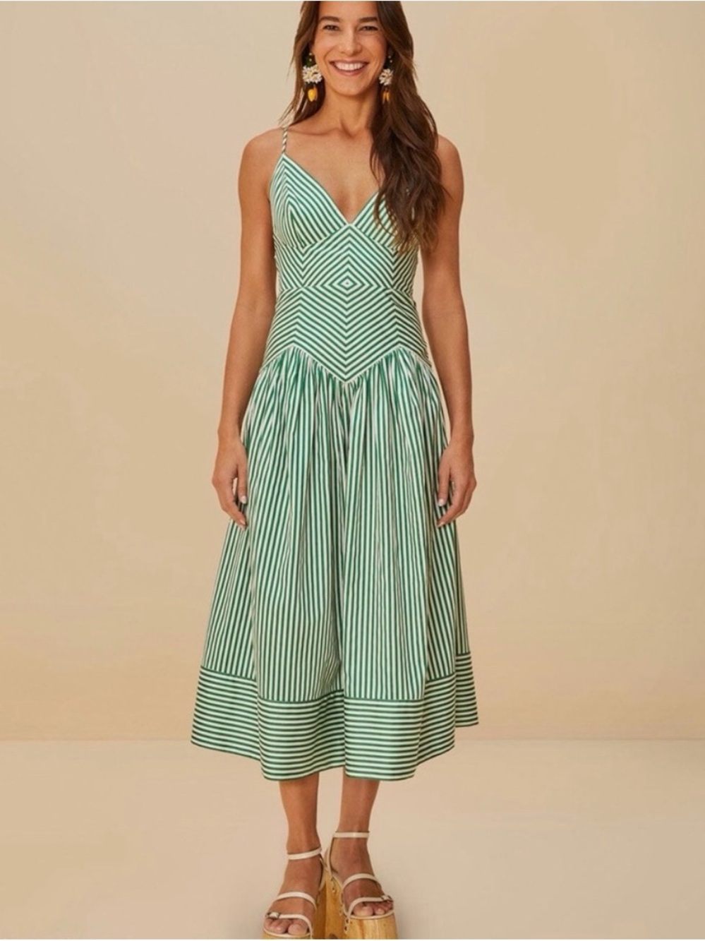 Farm Rio Women's Green Striped V-Neck Midi Dress
